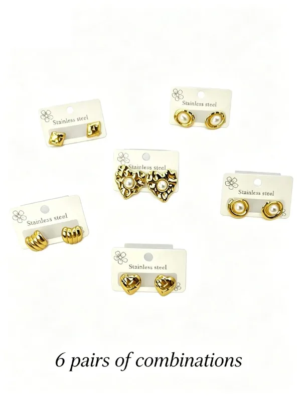 6 Pairs Stainless Steel Stud Earrings Multipack Tarnish Resistant Hypoallergenic Vintage Earrings for Women Daily Wear Gift
