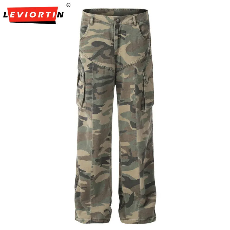 Men's American Street Trendy Split Splicing Pocket Design Sense Sports Loose Outdoor Camouflage workwear Straight Pants DC-C812