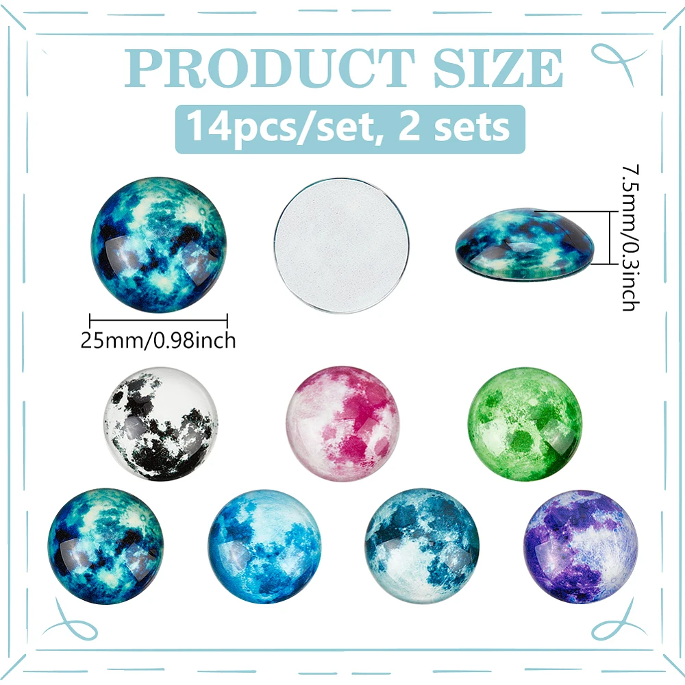 7 Styles 25mm Lunar Moon Glow in The Dark Glass Cabochons 14pcs Half Round Flat Back Dome Cabochons Luminous Glass Cabochons
