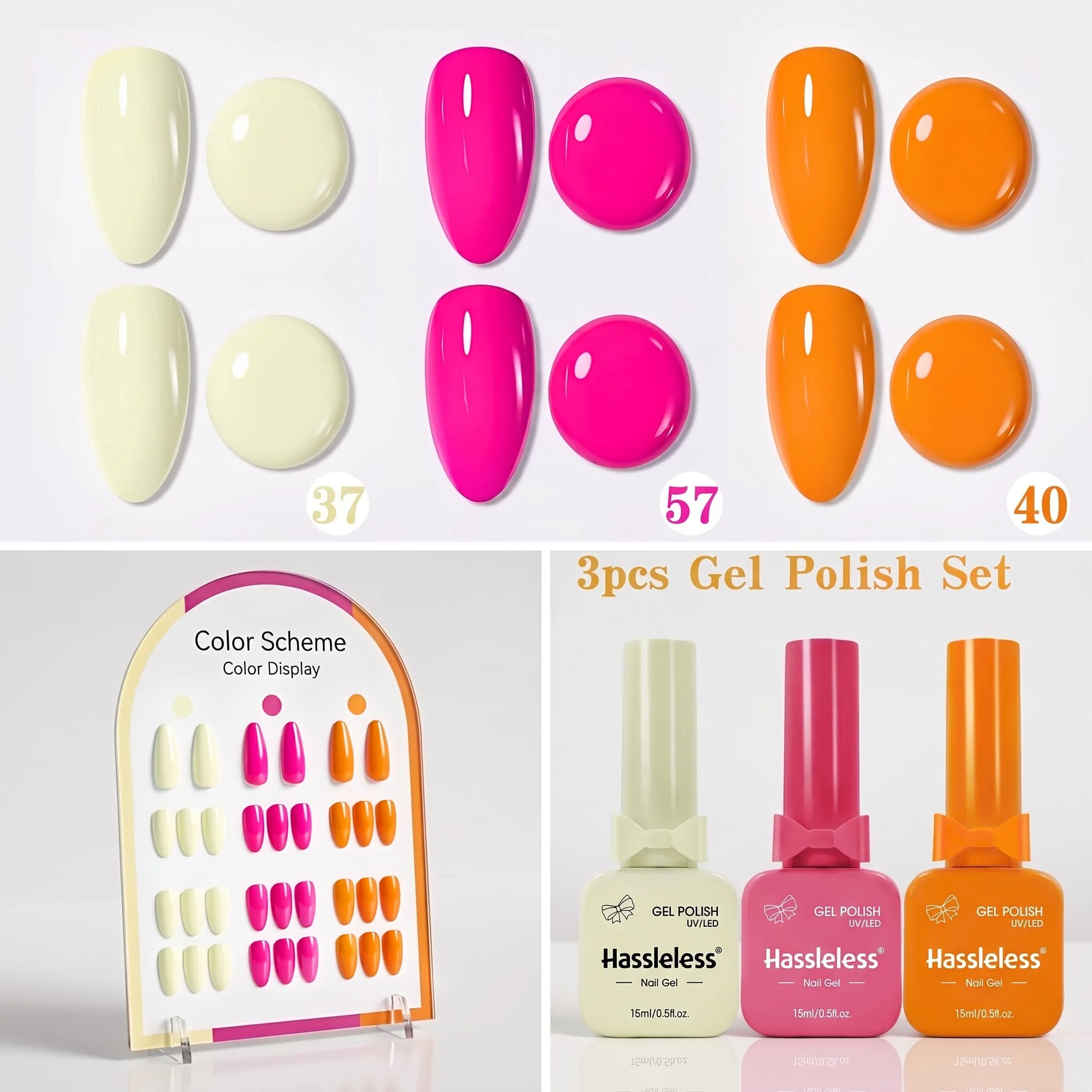 Hassleless Nail Polish Gel 3-Piece Set 15ml Milky White Fluorescent Rose Red Vibrant Orange Nail Polish Gel, Glossy Long-Lasting Removable Nail Polish, Home Salon DIY Nail Art, Women's Nail Art Gift