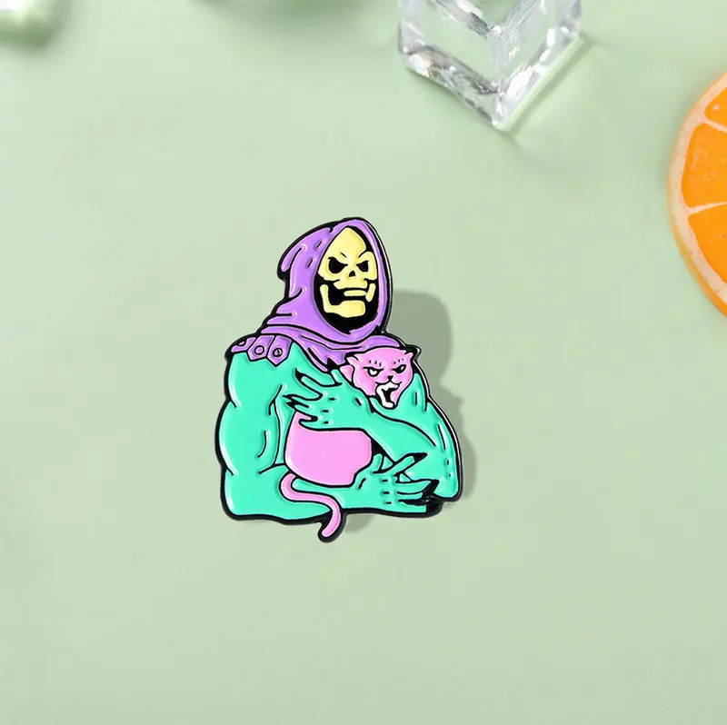 Enamel Pin Skeleton and Cat Badge Brooch Custom Lapel pin for Shirt Hat Bag Gothic Jewelry Gift for friend Skeletor purple hood