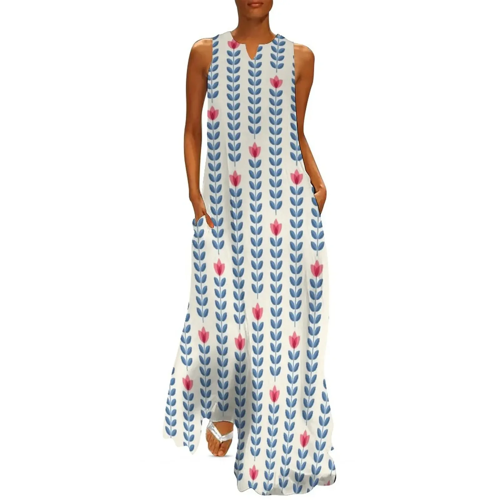 

Scandinavian flowers 05, seamless pattern with long stems Long Dress Women's summer suit Dress