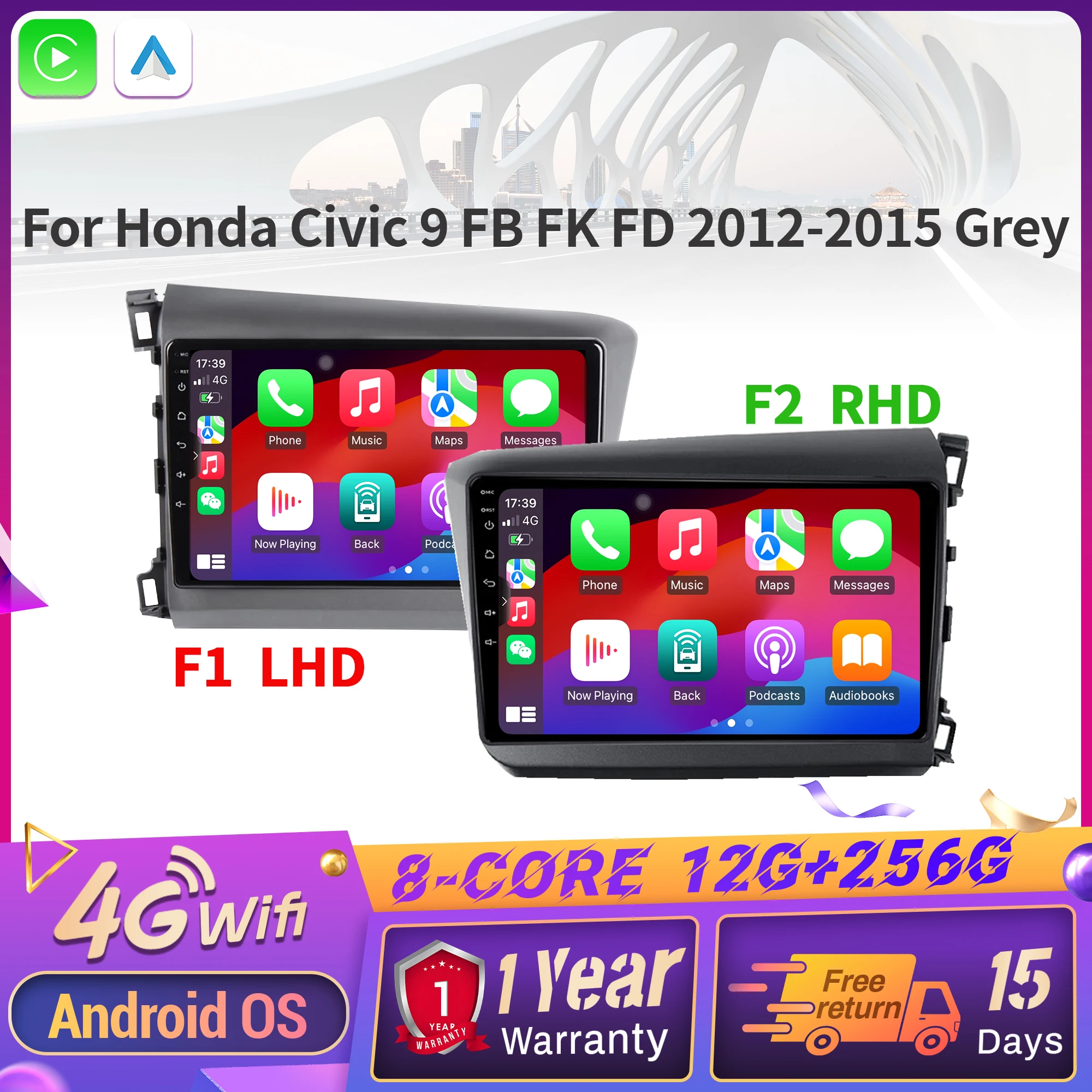 

Автомобильное радио для Honda Civic 9 FB FK FD 2012-2015, серый беспроводной мультимедийный CarPlay Android 14, навигационный сенсорный экран 2K QLED