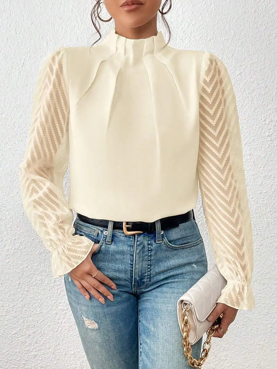 2025 Camicia elegante a maniche lunghe da donna Camicetta da ufficio da donna Top Primavera Autunno Camicia da donna in chiffon con colletto semi-alto e pannello ondulato