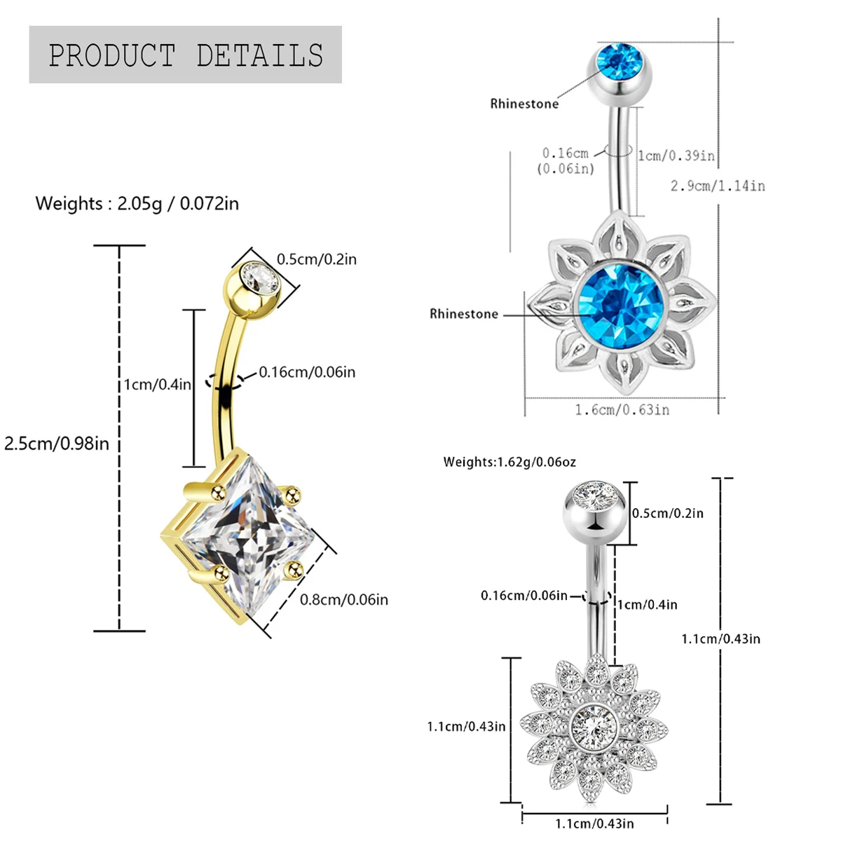 1Pc 316L Surgical Steel Belly Button Ring Blue Lotus Square CZ Sunflower Navel Piercing Jewelry for Women Choose Your Style