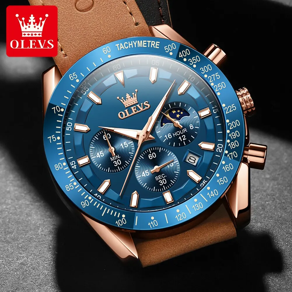 OLEVS New Original Men\'s Quartz Watch Brown Leather Strap Date Calendar Moon Phase Waterproof Luminous Quartz Watch for Men