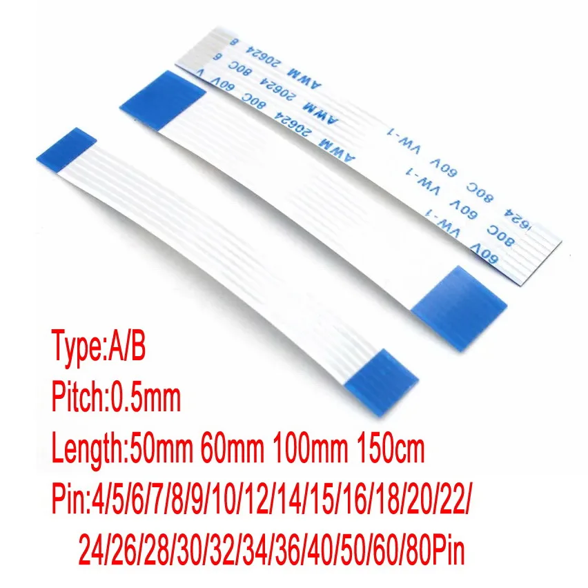 Câble plat flexible FDavid FPC, type A, type B, 4 cm, 5cm, 6 cm, 7 cm, 8 cm, 9 cm, 10 cm, 12 cm, 14 cm, 15cm, 16 cm, 0.5mm broches 18/20/22/24/26/28/30/32/34/36/40/50/60/80