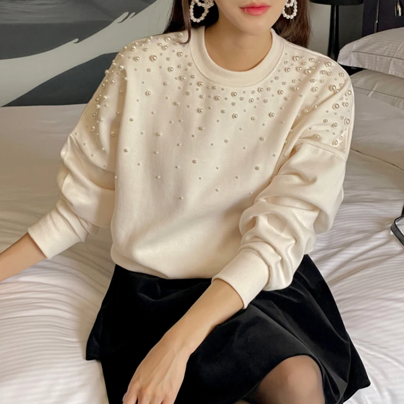 Chic Woman Pearls Beaded Loose Sweatshirt Casual Starry Beading Pullovers Hoodies Tees O-neck Long Sleeved Jumpers Tops