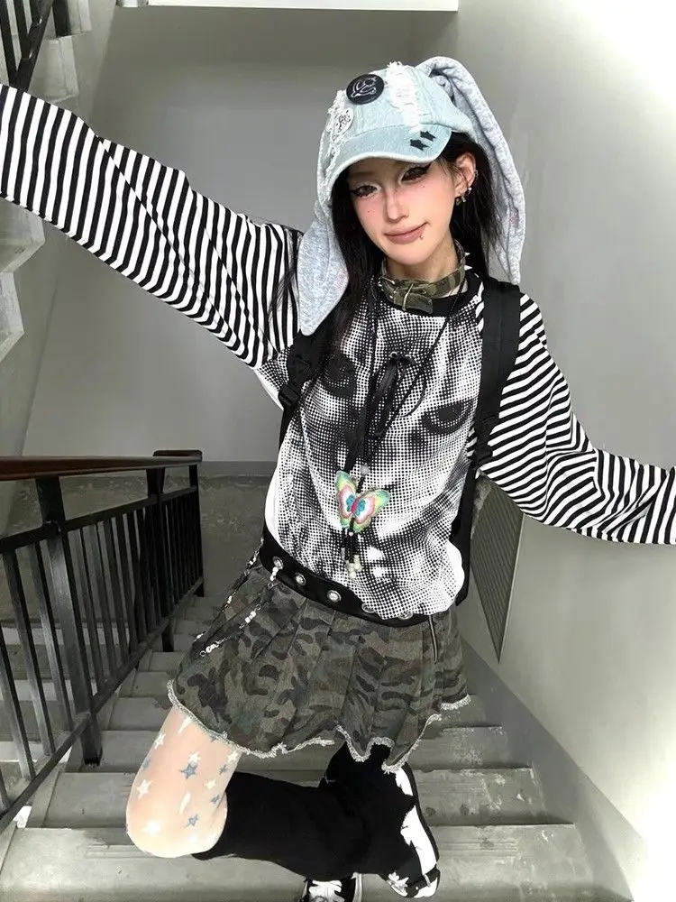 American sweatshirt for women in autumn new all-over printed cat loose t-shirt with contrasting color stitching design y2k tops