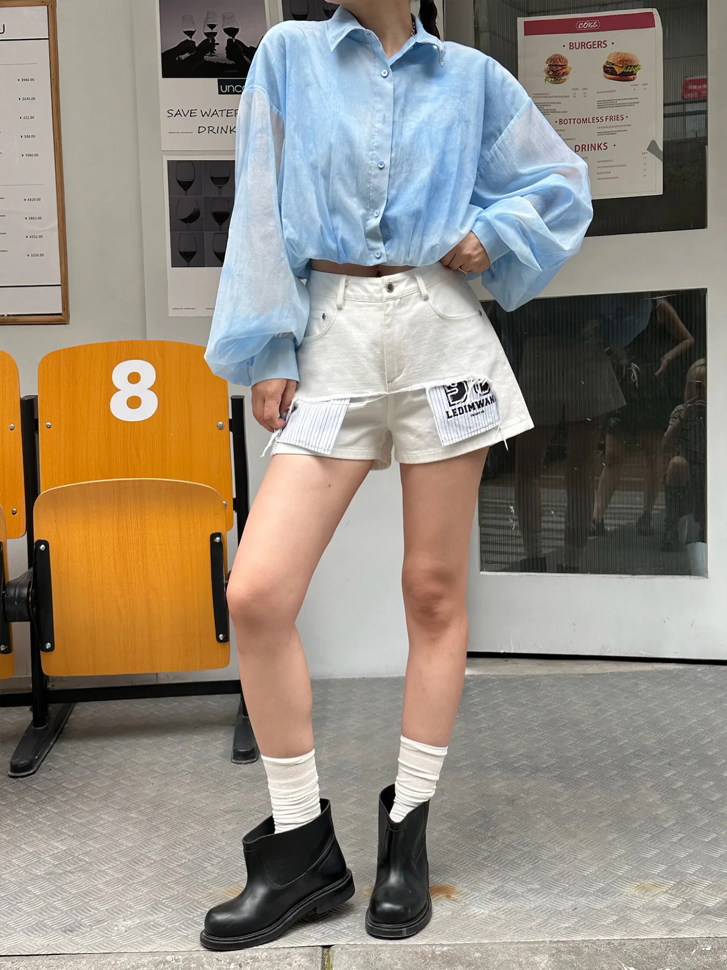 

LEDIM WANG White Label Series Casual Straight Leg Pants Women's Summer White Splicing orts High Waist Cotton Blend