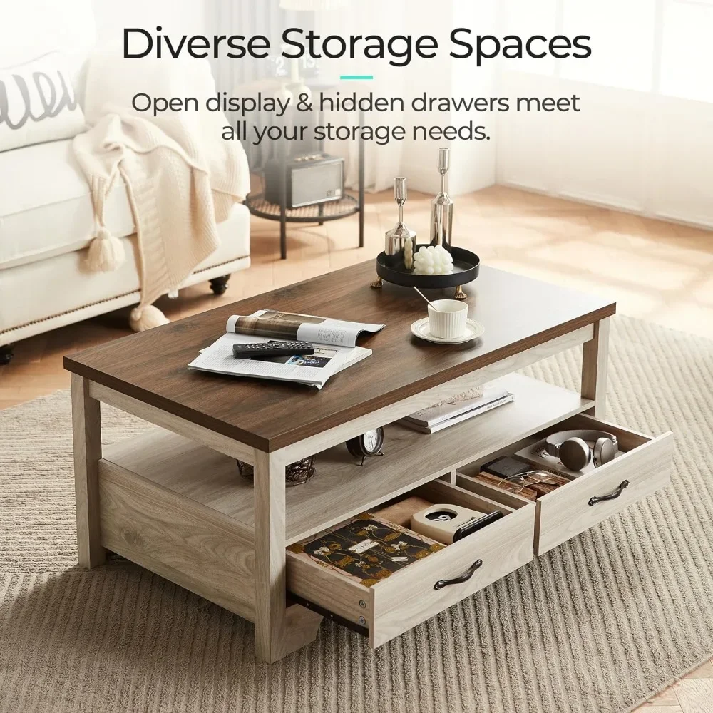 Coffee Table with Storage, Wood Coffee Table for Living Room, Open Display Area and Storage Drawers with Metal Handles