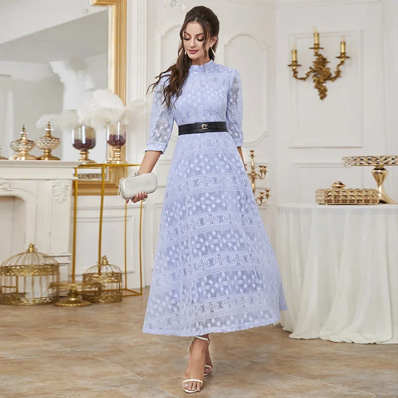 

Women Dress Elegant Solid Color Mesh High Waist A-line Dresses Spring Autumn Fashion Maxi Robes Vestidos De Mujer