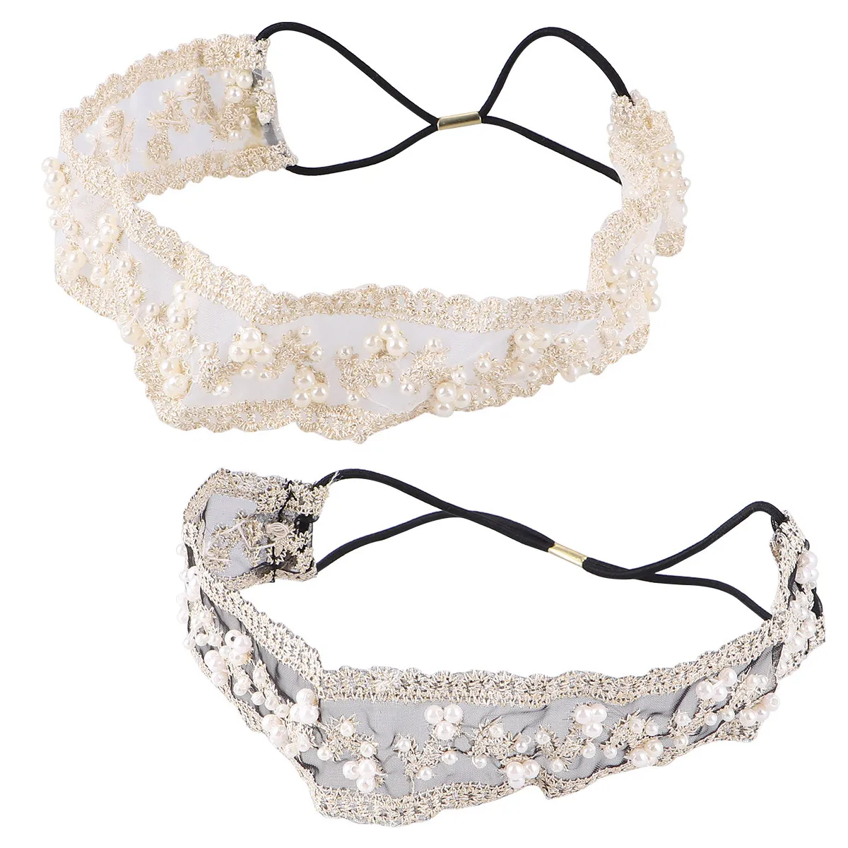 

2Pcs Beaded Lace Headband Durable Women Hair Accessories Black Beige Elegant Hairband for Wedding Festivals Photography