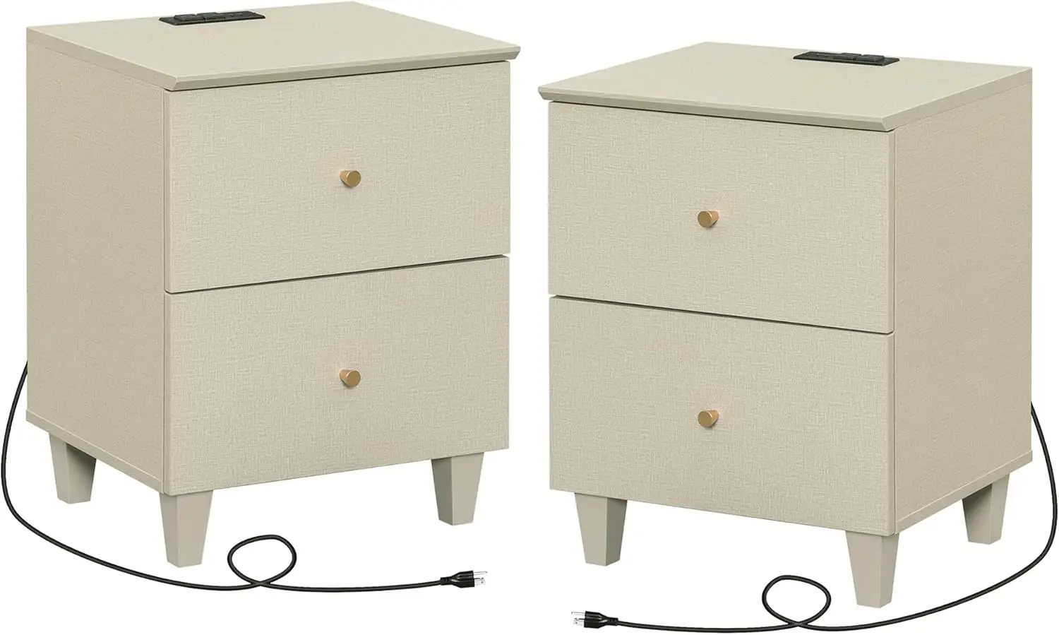 Wampat Set Of 2 Nightstands With Charging Station&2 Drawers Storage, Modern End Tables Mid-Century Wood Bedside Tables With 2