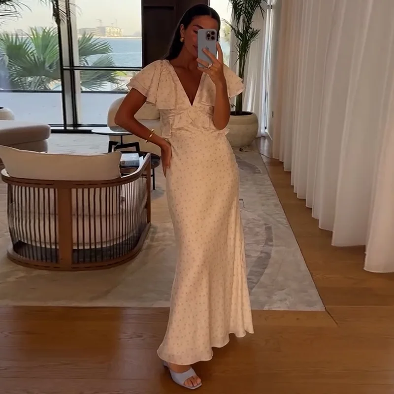Womens Dresses 2025 Summer New Woman Clothing V Collar Ruffles Sleeve High Waist Long One-piece Dress Gown