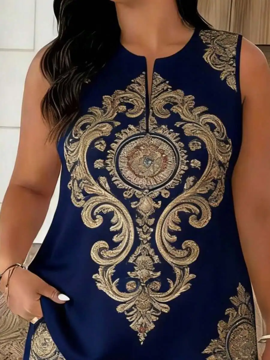 

Blue Sleeveless Top With Gold Vintage Print Notch Neck Womens Two Piece Set