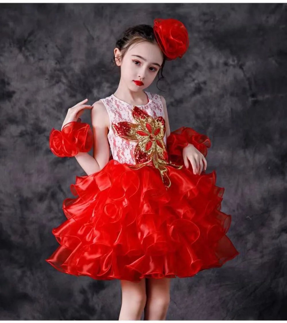 Yellow Red Cupcake Girl\'s Pageant Dresses Birthday Party Gowns Ruffles Organza Short Puffy Flower Little Girls Roal Blue Dress