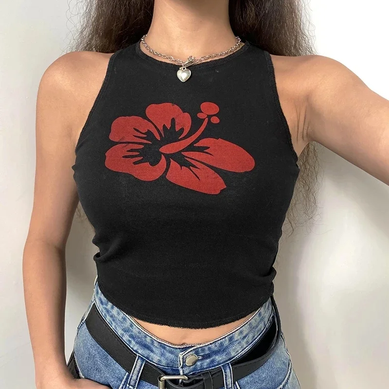 

New Women Floral Tank Tops Aesthetic Corset Top Vintage Seeveless O Neck Crop Top Women Contrast Harajuku Cute Tee Summer Sweats