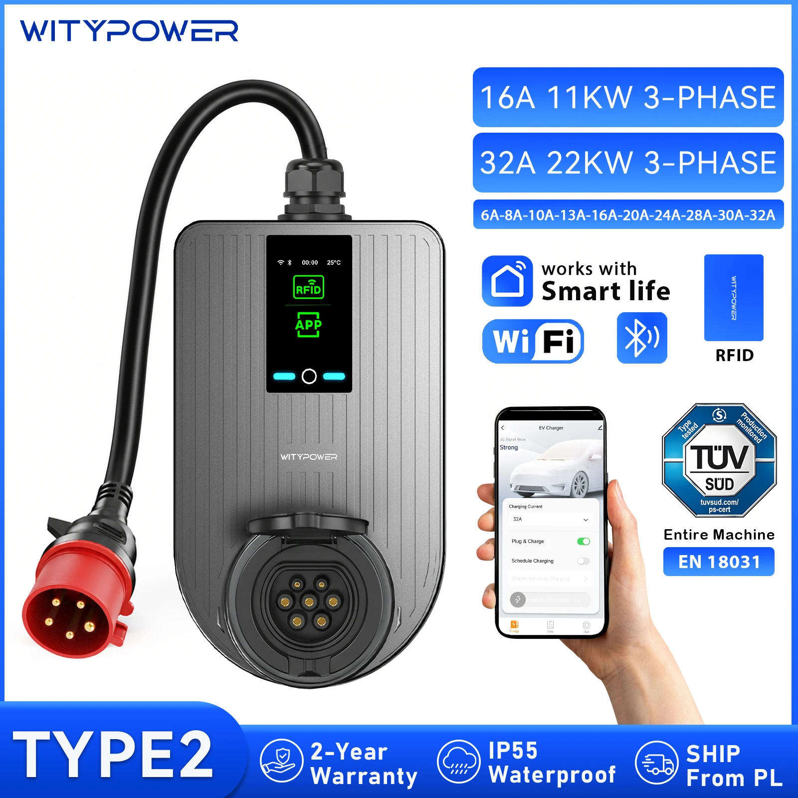 Ładowarka do samochodów elektrycznych WityPower, typ 2, 11 kW, 22 kW, trójfazowa, przenośna i montowana na ścianie, wersja z gniazdem, stacja do ładowania samochodów elektrycznych z aplikacją WiFi,