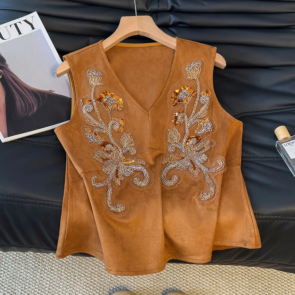 Embroidered Suede Vest Women's Short Style Outerwear Top Casual Pure Color Design Polyester Fiber Original Pattern
