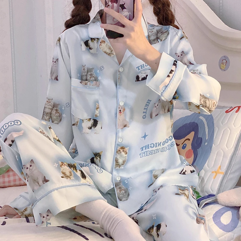 Spring Autumn Blue New Cartoon Cat Pajamas Cute Long Sleeve Pijamas Lapel Cardigan Home Clothes Kawaii Korean Ice Silk Pajama