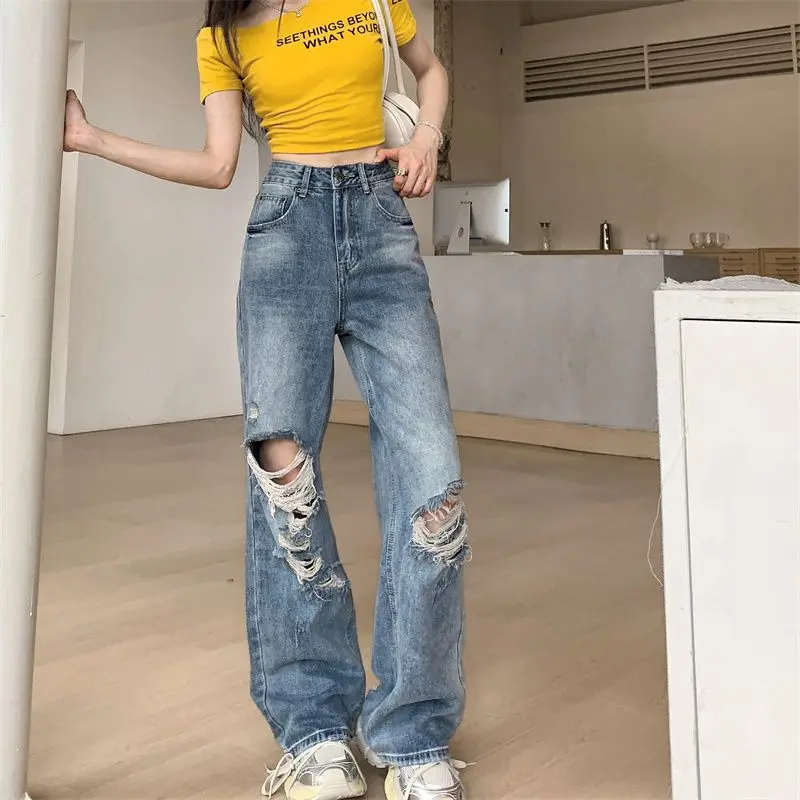 レディーススタイリッシュなワイドレッグサマージーンズフレアボトムスデニムパンツヴィンテージ風のデザインハイウエスト痩身効果パンツ