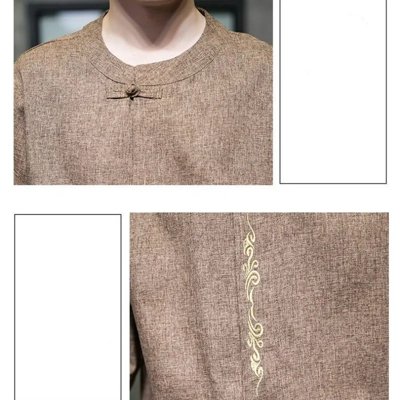 Chinese Style Men's 2024 Summer Pullover Round Neck Patchwork Solid Color Embroidery Button Loose Versatile Short Sleeved Shirt