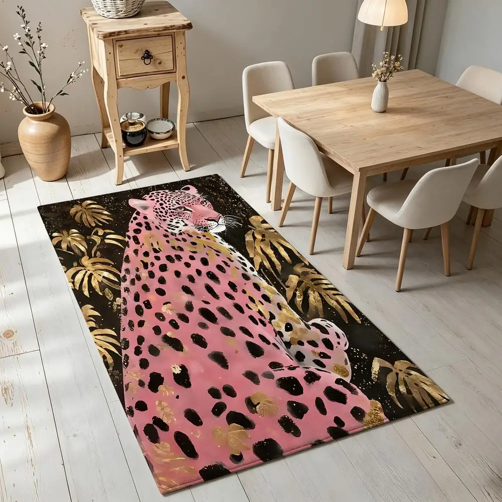 2D 1-piece soft, comfortable, easy to care, machine washable indoor rug with Pink Leopard & Gold Foliage style, suitable for under dining table, living room, bedroom, entryway, hallway, office, rustic home decor for various interior spaces