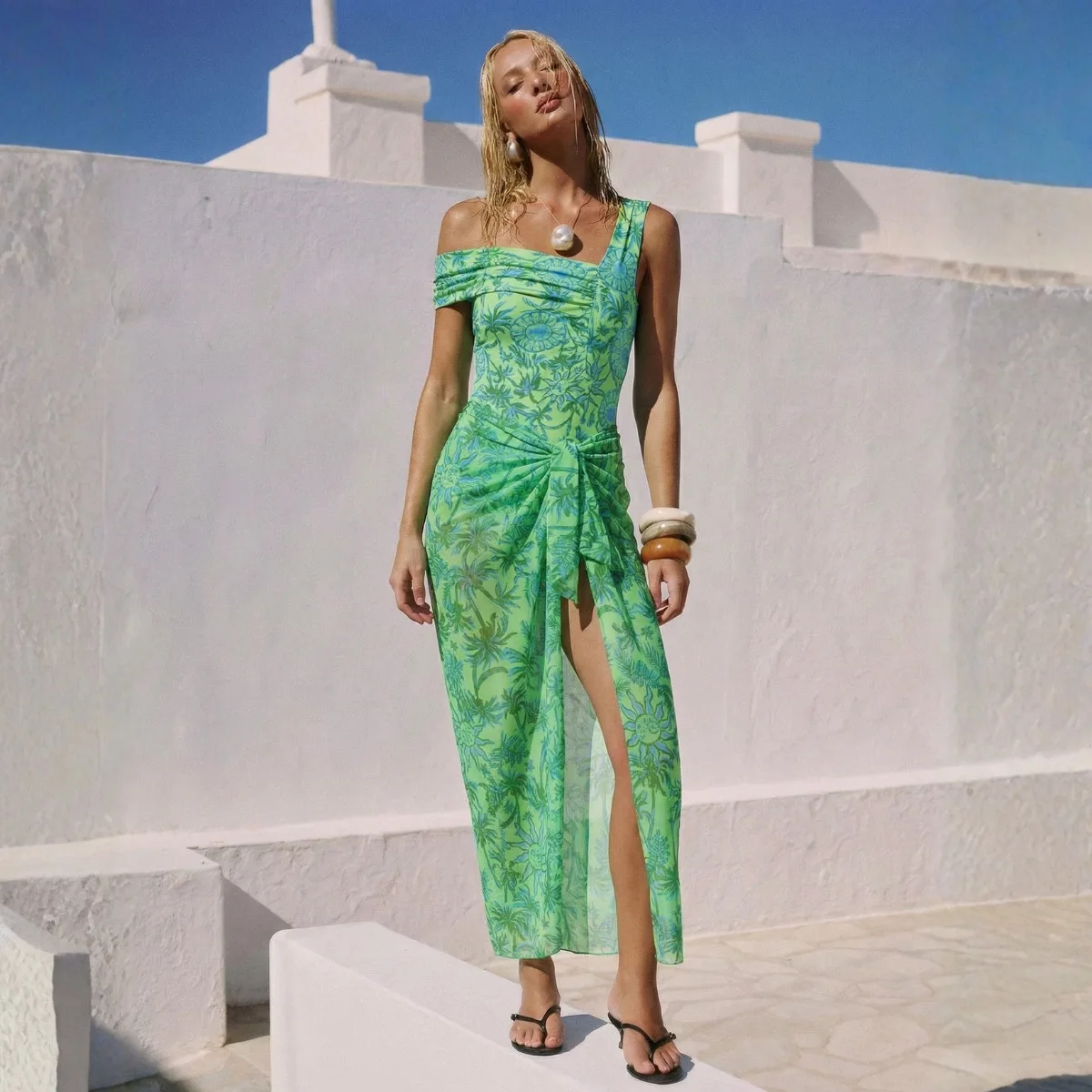 Women 2Pcs Green Tropical Print One Piece Swimsuit Set, Off Shoulder Bathing Suit with Tie Waist Wrap Cover Skirt Beach Swimwear