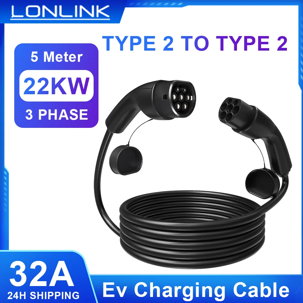 LONLINK Type2 To Type2 Ev Charging Cable 3Phase 16/32A Female To Male Plug 5M Cable 11KW 22kw IEC62196-2 EVES Charging Stations