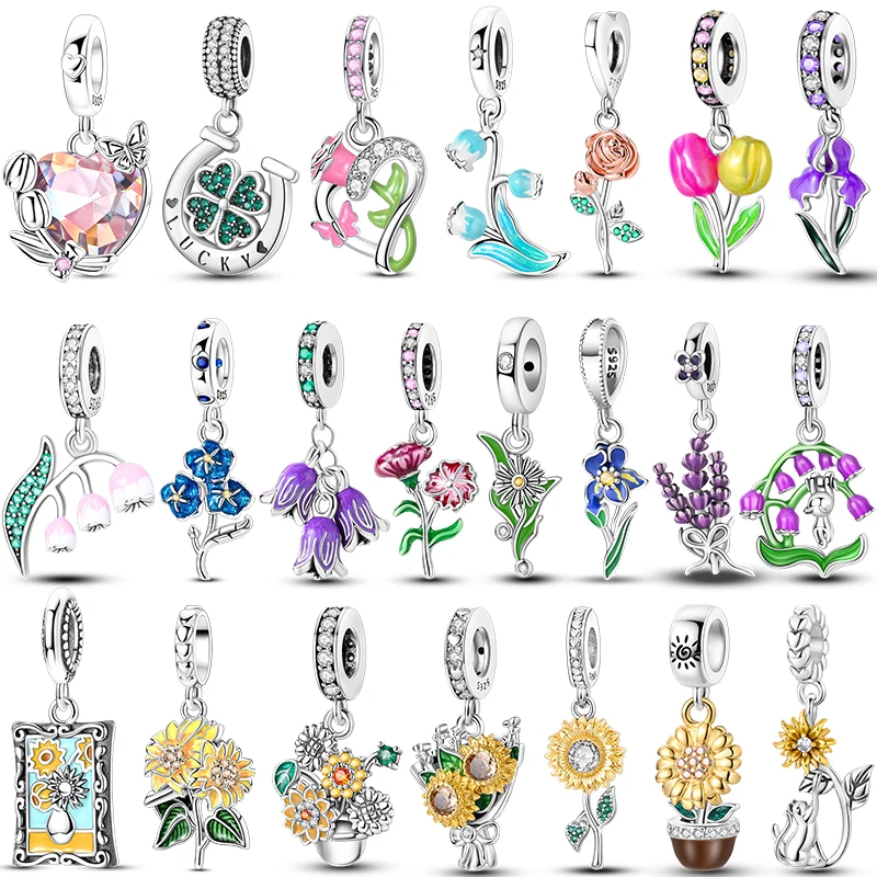 2025 Hot Flower Series Jewelry Gift 925 Sterling Silver Sunflower Tulip Heart Carnation Charms Bead Fit Bangle Bracelet Necklace