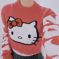 Hello Kitty Pinks Short Sweater Sanrio Adagirl Anime Cartoon Jacquard Long Sleeves Frayed Autumn and Winter Hot Girl Sweater Top