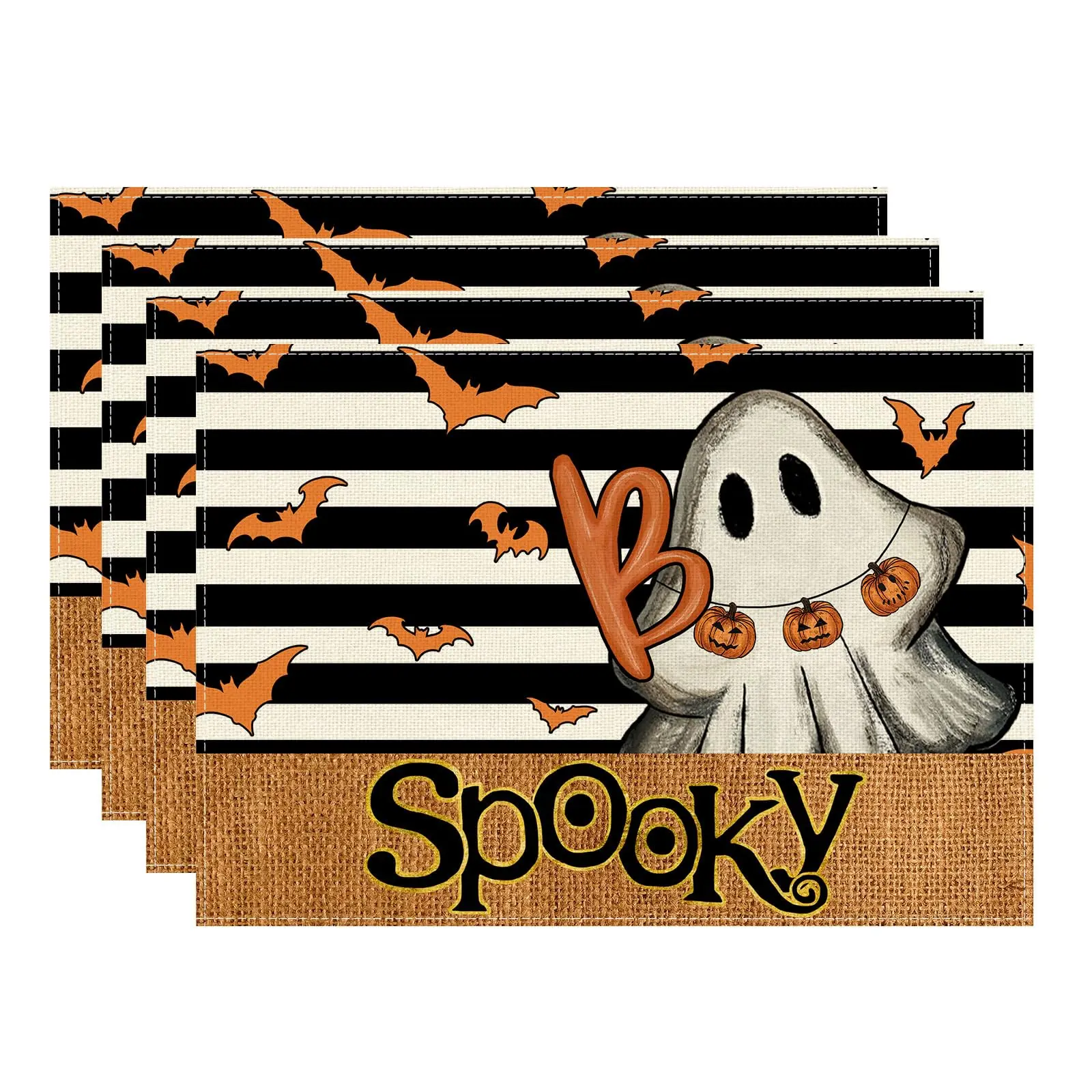 Stripes Spooky Boo Ghost Halloween Placemats Table Mats for Party Home Kitchen Dining Table Decorations 12x18 Inch