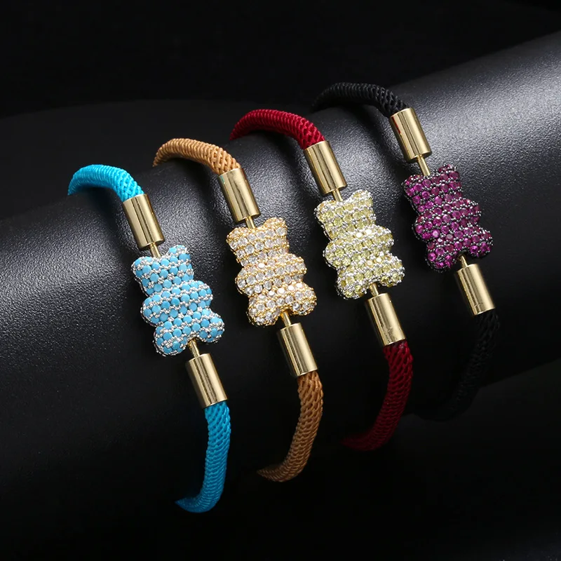 Trending Korean Crystal Zircon Bracelet with Cute Bear Design for Women Two-sided Bicolor Bracelet Handmade Gift