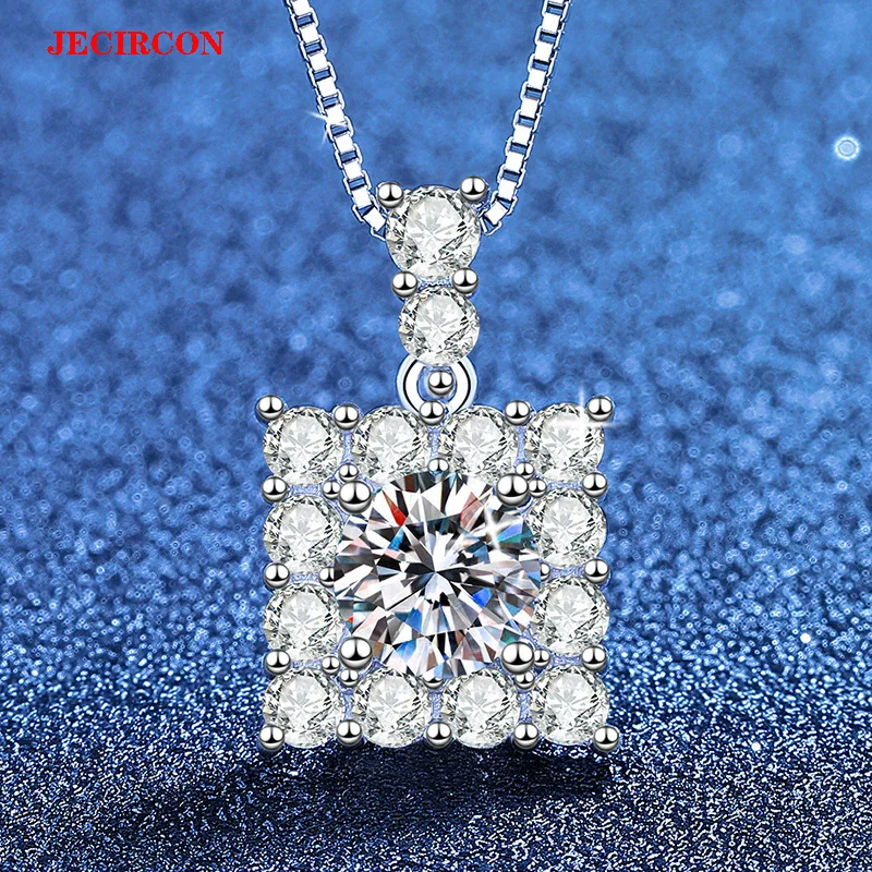 

JECIRCON S925 Sterling Silver Necklace 1 Carat Moissanite Square Sugar Pendant with Box Chain, Sparkling Fashion Clavicle Chain