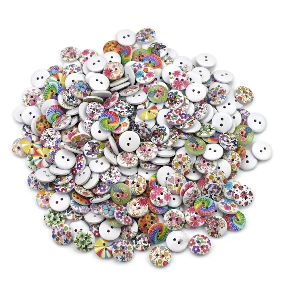 50PCS 2 Hole Button Garment Painting Wooden Car Folwer Buttons Decoration 15MM Sewing Clothes Boots Coat Accessory DIY Crafts