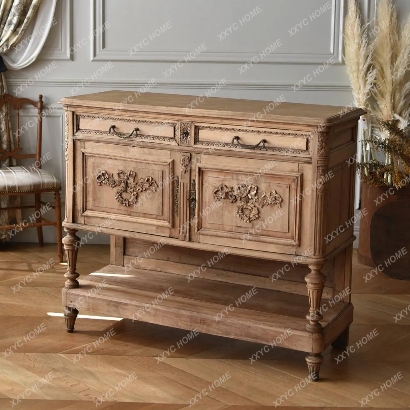 Carved solid wood porch cabinet retro home storage cabinet old living room wall storage cabinet