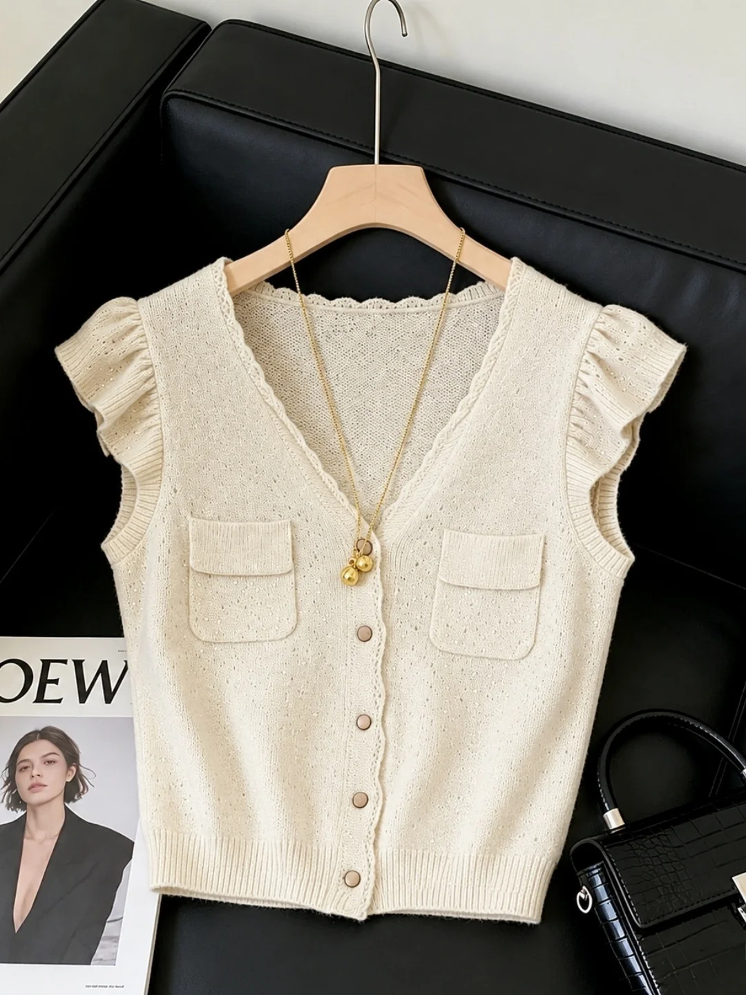 

Summer 2026 Women's V-Neck Ice Silk Knitted Open Cardigan with Flying Sleeves Fashionable Design Single Button Korean Style Top