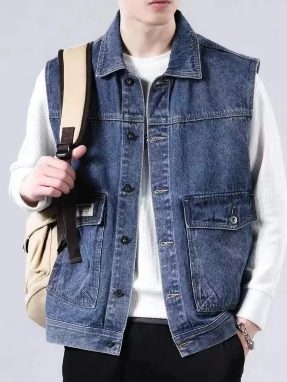 Loose Men's Denim Jacket Summer Fashion Brand Casual Handsome Hong Kong Style Retro Workwear Vest Tank Top Shoulder Pad Autum...
