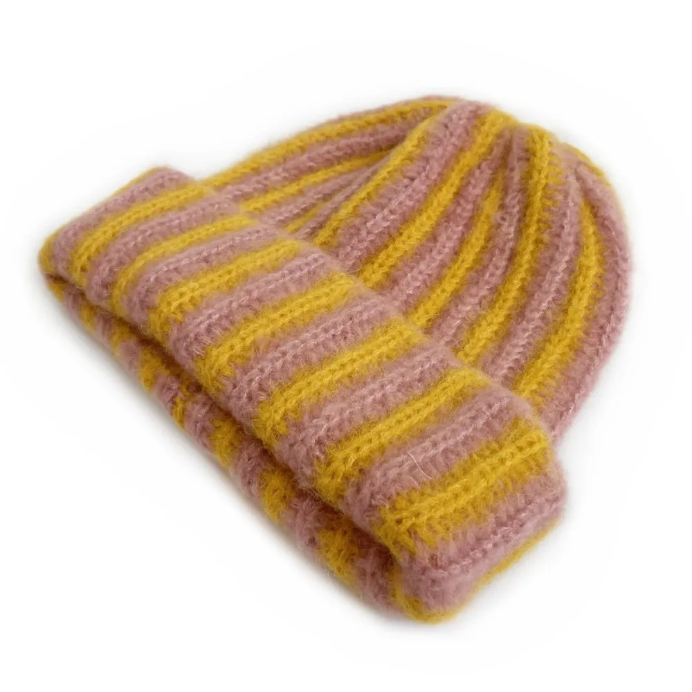 Fold-Up Color Blocked Striped Beanie Hat Thick Soft Ribbed Knit Cap Windproof Thermal Warm Hat Daily
