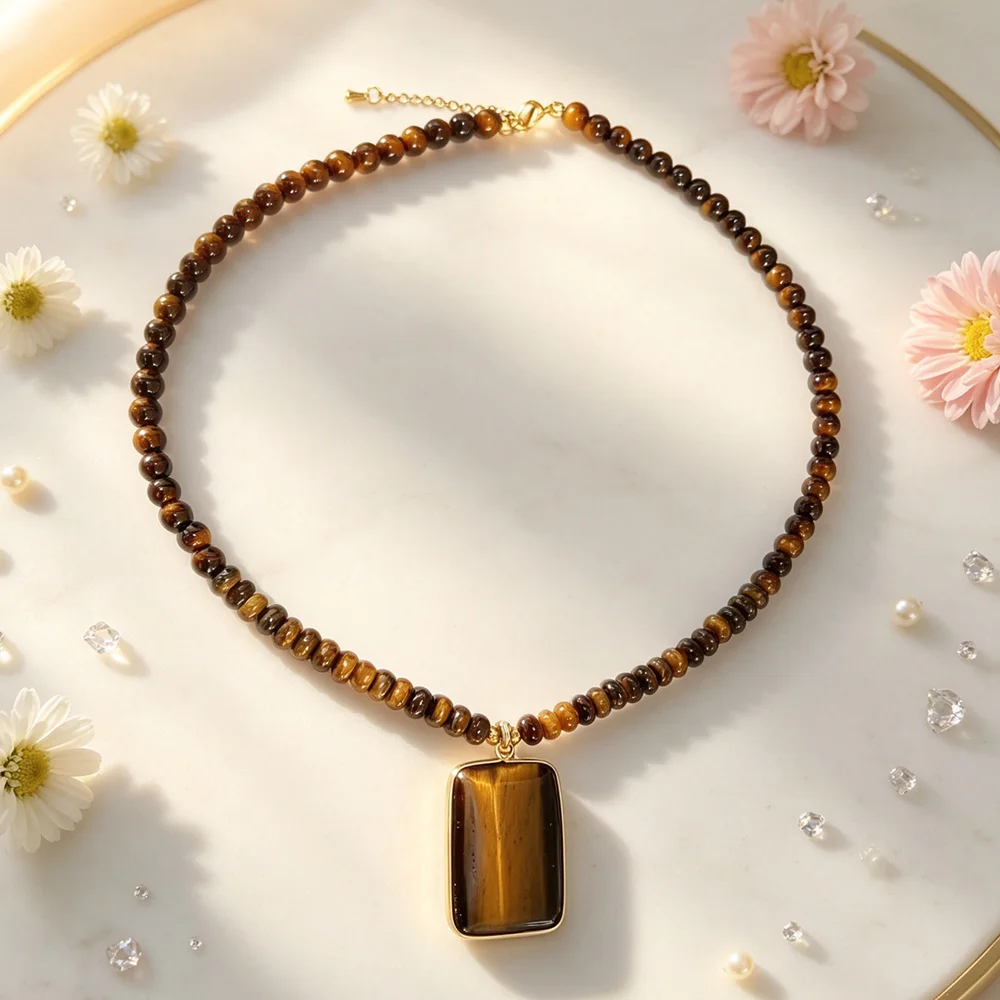 Dainty Tiger Eye Disc Rectangular Pendant Beaded Necklace, Hypoallergenic Unisex Retro Jewelry, Casual Anniversary Birthday Gift