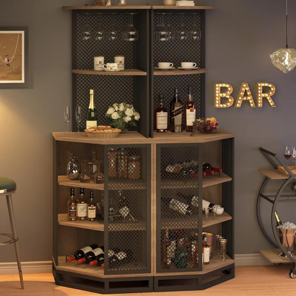 Industrial Corner Bar Cabinet for Liquor, armário com armazenamento de prateleira ajustável, 5 camadas