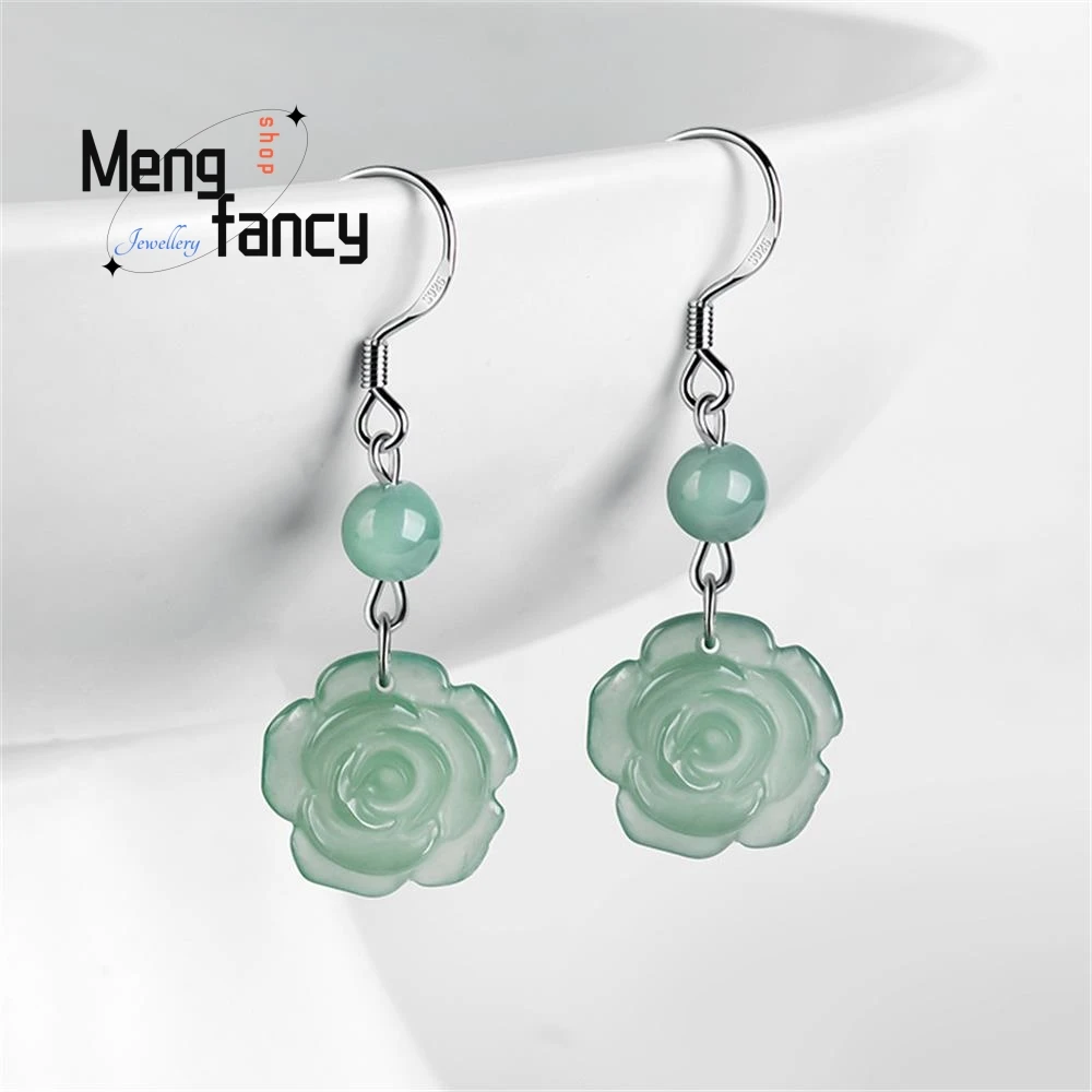 

Natural A-goods Jadeite Blue Water Rose S925 Silver Inlaid Ice Jade Earrings Exquisite High-grade Elegant Luxury Fashion Jewelry