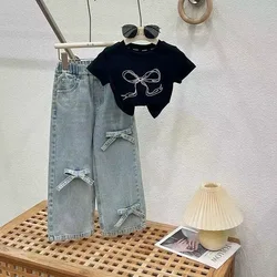 Children's Clothing Sets Printed Bow Short Sleeve Top + Jeans 2pcs Sets Girls Clothes  Baby Girl Outfit Set Kids Clothes Girls