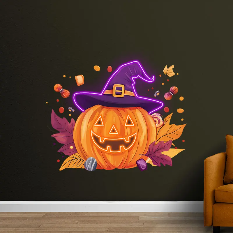 Halloween Pumpkin Neon Light Sign, LED Jack-O'-Lantern with Witch Hat, Perfect Halloween Party Decor, Spooky Indoor Wall Art