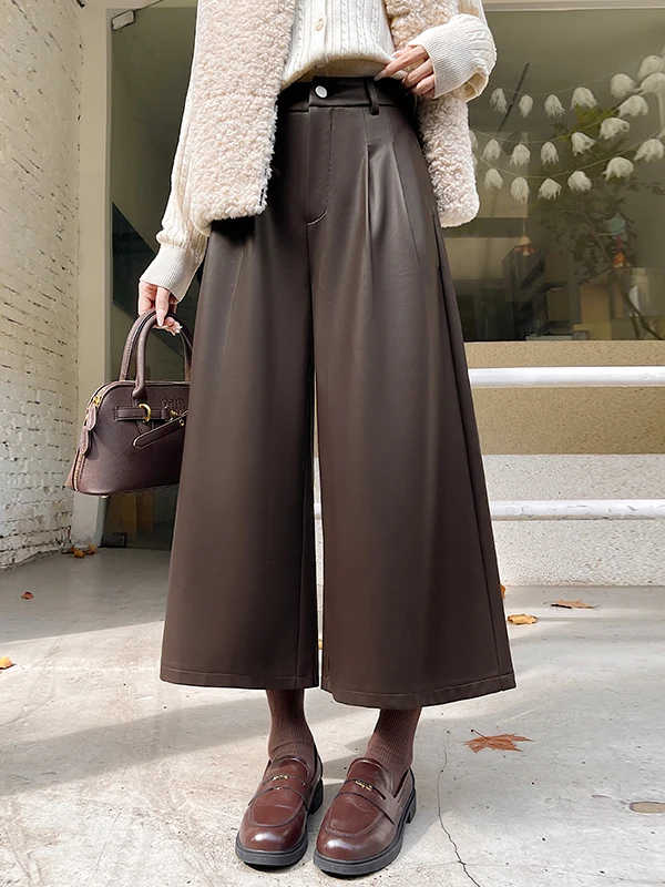 

Прямые брюки из искусственной кожи с высокой талией, широкие брюки кофейного цвета, удобные дышащие повседневные брюки с изогнутым подолом ножа...