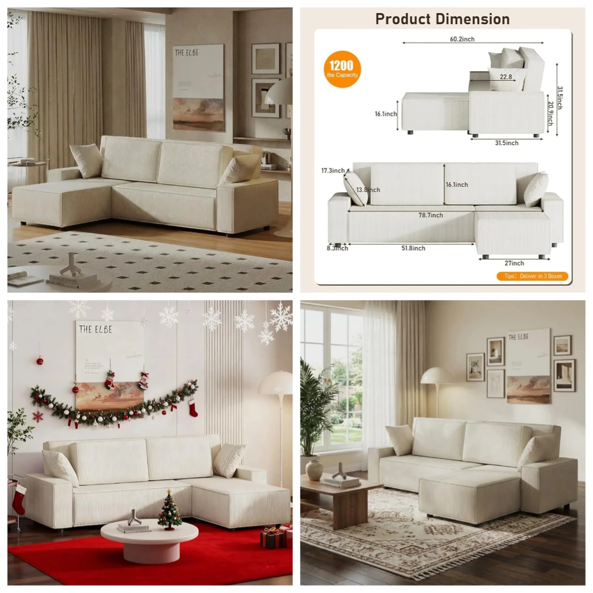 

Fine Stripe Corduroy L-Shape Sectional Sofa with Deep Chaise for Living Room & Apartment, 96"W61"D32"H, Beige, Customized