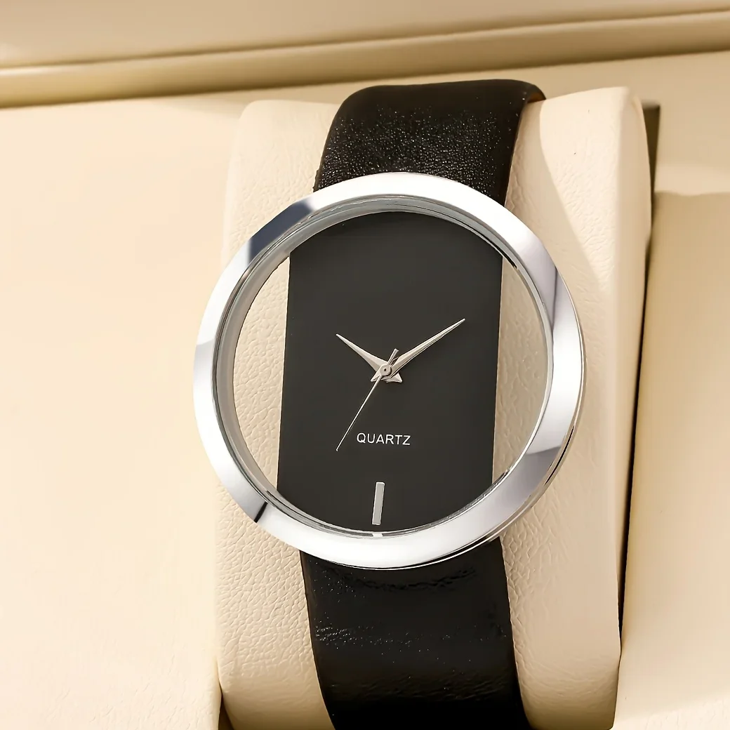 مجموعة سوار ساعة كاجوال بسيطة، تصميم قرص دائري، حزام من الجلد الاصطناعي، أفضل خيار لهدايا عيد الميلاد، إكسسوارات عصرية