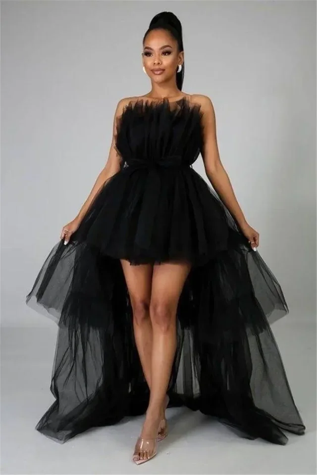 Venda quente elegante feminino alto baixo tule vestido sem alças cor sólida em camadas cocktail vestido de baile preto roxo