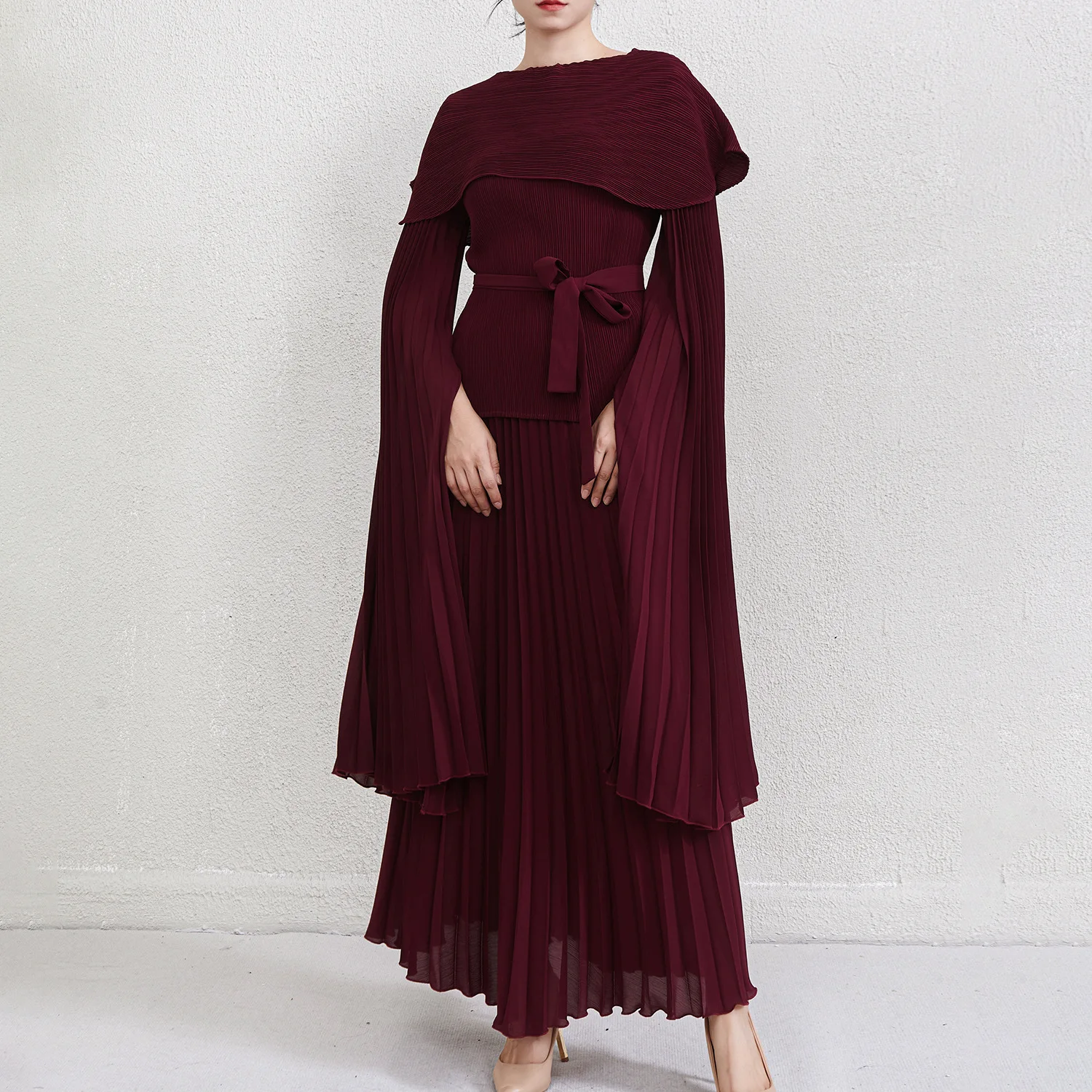 

Ele Long Pure Color Pleated Skirt Set with Slit for Middle-Aged Women Autumn Faion Outfit Two-Piece Set Midi Skirt